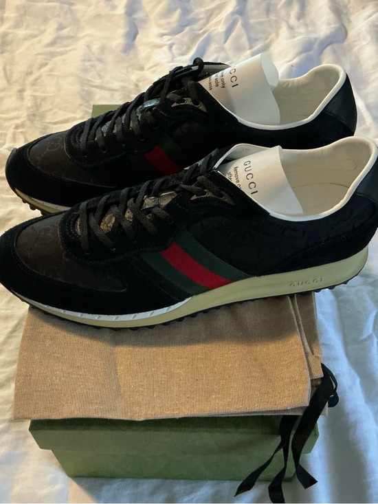 Gucci Black Suede & GG Canvas Sneakers with Green-Red Web - Picture 2 of 6